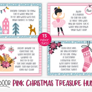 May include: Pink and blue Christmas treasure hunt game cards with illustrations of a reindeer, a ballerina, a stocking, and a Christmas tree. The cards have instructions for a scavenger hunt with clues like "Dashing through the snow" and "Peekin' around the Christmas tree".