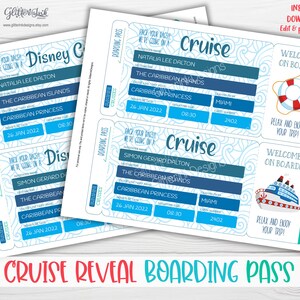 May include: A printable set of blue and white cruise boarding passes with the text "Pack your bags, we're going on a cruise" and "Welcome on board! Relax and enjoy your trip!"  The passes are decorated with a nautical theme and include a ship and a life preserver.