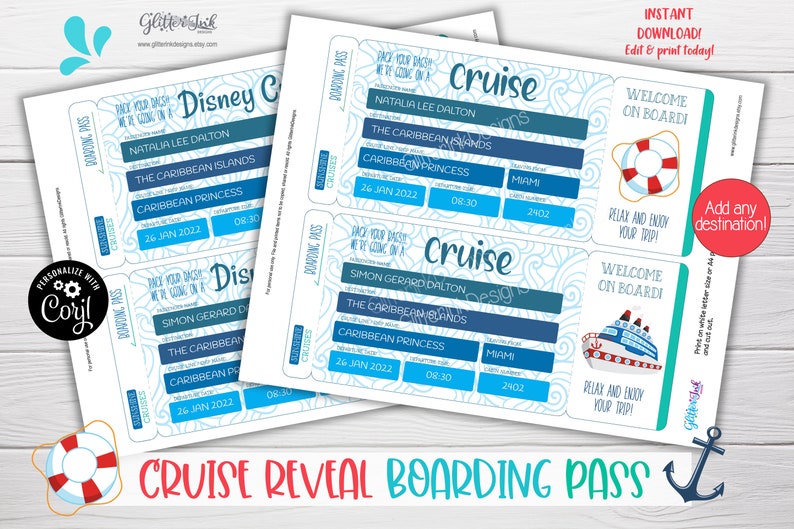 May include: A printable set of blue and white cruise boarding passes with the text "Pack your bags, we're going on a cruise" and "Welcome on board! Relax and enjoy your trip!"  The passes are decorated with a nautical theme and include a ship and a life preserver.