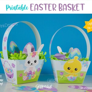 May include: Printable Easter basket craft template featuring a bunny and a chick. The template is a digital download and includes instructions for assembling the basket.