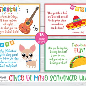 Ledtrådskort till skattjakt för Cinco de Mayo, lekar för mexikansk fiesta till födelsedagskalas för barn, ledtrådar att skriva ut för skattjakt till Taco Tuesday bild 4