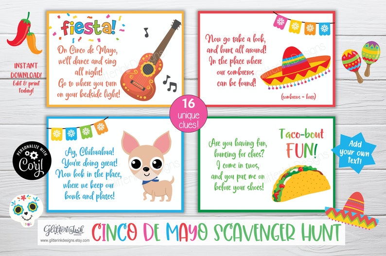 Ledtrådskort till skattjakt för Cinco de Mayo, lekar för mexikansk fiesta till födelsedagskalas för barn, ledtrådar att skriva ut för skattjakt till Taco Tuesday bild 4
