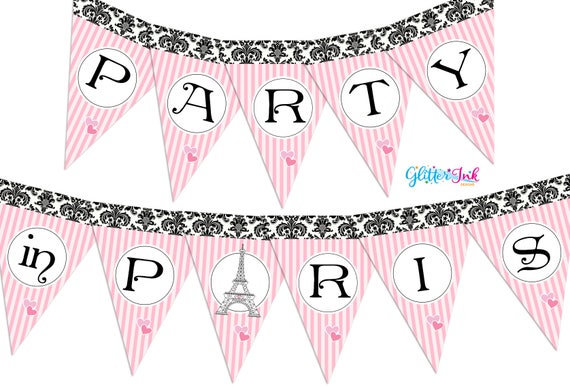 Paris Party banner collection in pale pink stripes with black & white damask - pdf printable file for Paris themed spa party, sleepover Il_570xn