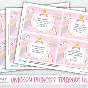 May include: A printable unicorn princess treasure hunt game with 16 clues. Each clue is printed on a pink card with a unicorn and a carriage design. The cards are ready to be cut out and used for a birthday party.