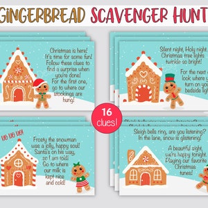 Lebkuchen-Weihnachtsschnitzeljagd-Hinweiskarten, druckbare Schatzsuche-Hinweise für Kinder- und Familienfeierspiele