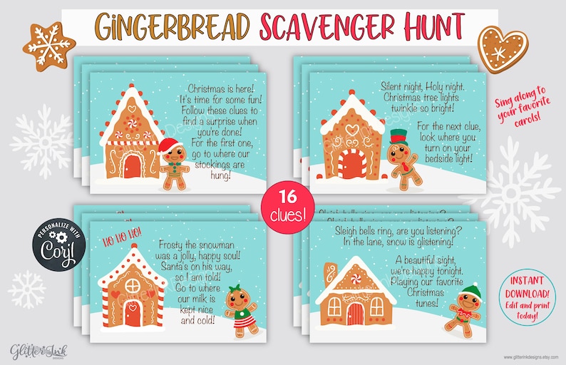 Gingerbread Christmas scavenger hunt clue cards, Printable treasure hunt clues for kids and family party games image 1
