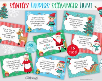 Christmas scavenger hunt clue cards / Christmas treasure hunt clues / Christmas games / Santa's helpers scavenger hunt for kids