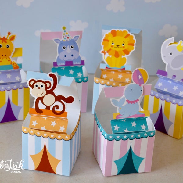 Circus animal pop up Jack in the Box favor box / Zoo jungle safari printable party favors / Carnival party decorations surprise paper toy