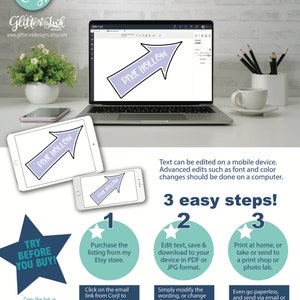 May include: A digital design template for a sign that says "Pixie Hollow" with a purple arrow pointing to the right. The design can be edited and customized using the Corjl online tool. The image shows a laptop screen with the design open in the Corjl editor.