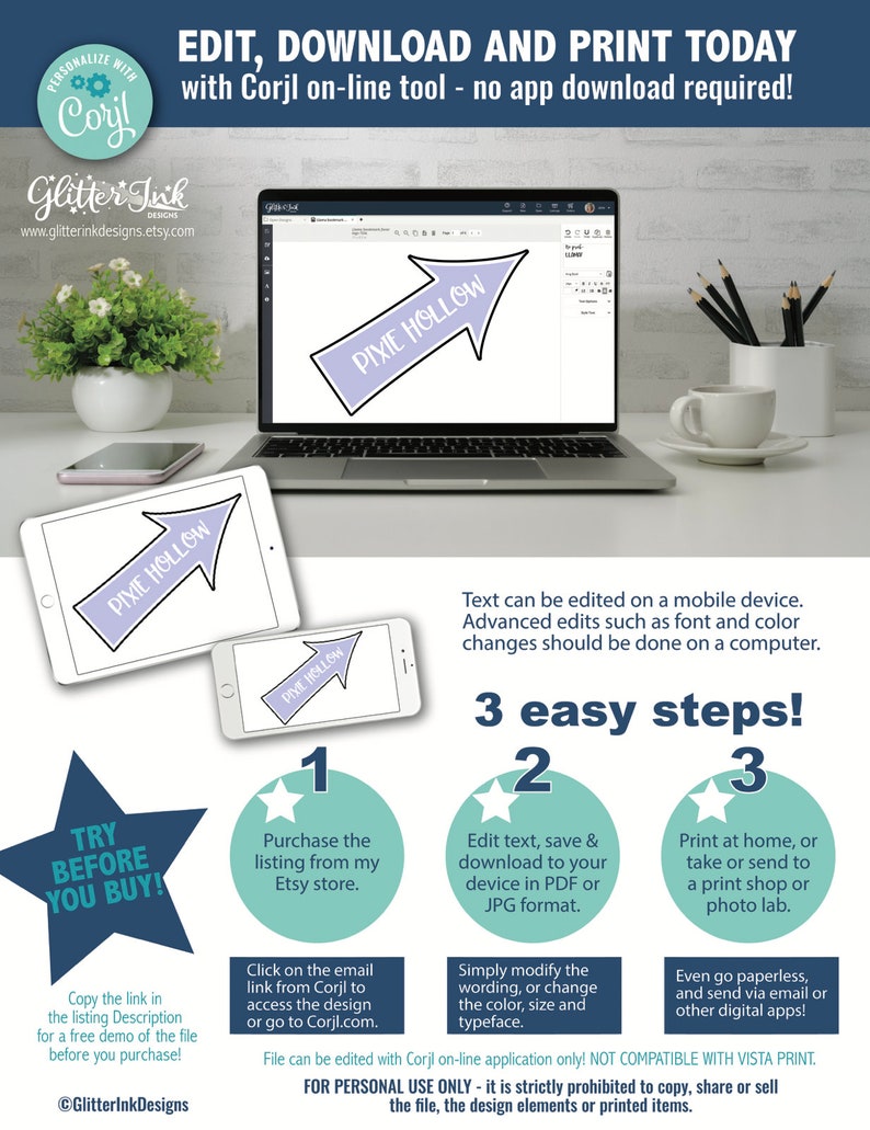 May include: A digital design template for a sign that says "Pixie Hollow" with a purple arrow pointing to the right. The design can be edited and customized using the Corjl online tool. The image shows a laptop screen with the design open in the Corjl editor.