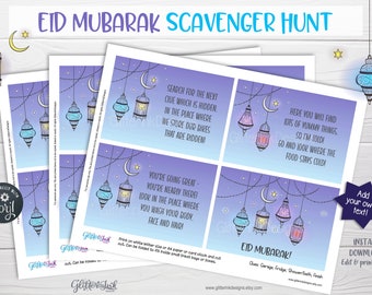 Eid Mubarak scavenger hunt clue cards / Ramadan kids treasure hunt clues / Printable Eid activities for kids / Ramadan game editable clues