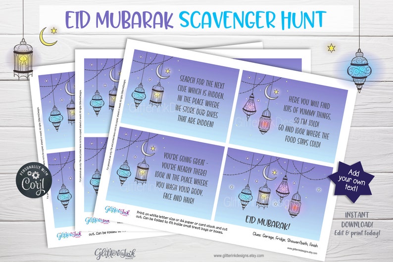 May include: Printable Eid Mubarak scavenger hunt cards with a blue and purple background. The cards feature illustrations of lanterns and stars. The text on the cards reads: 'Search for the next clue which is hidden in the place where we store our bikes that are ridden', 'Here you will find lots of yummy things, so I'm told, go and look where the food stays cold', 'You're going great - you're nearly there! Look in the place where you wash your body, face and hair', 'Eid Mubarak!'.