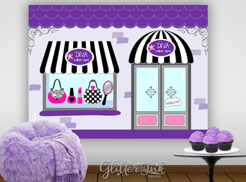 Chic boutique diva glam spa party printable poster dessert table backdrop photo prop wall art Paris fashion salon purple black fuchsia