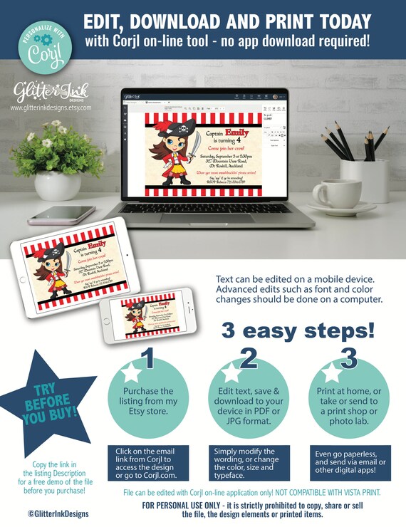 Girl Pirate Party Printable Invitation / Pirate Birthday.