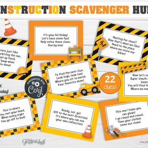 May include: A printable construction-themed scavenger hunt game with 22 clues. The clues are printed on yellow and black construction signs with orange accents. The game includes a title card that says "Construction Scavenger Hunt".