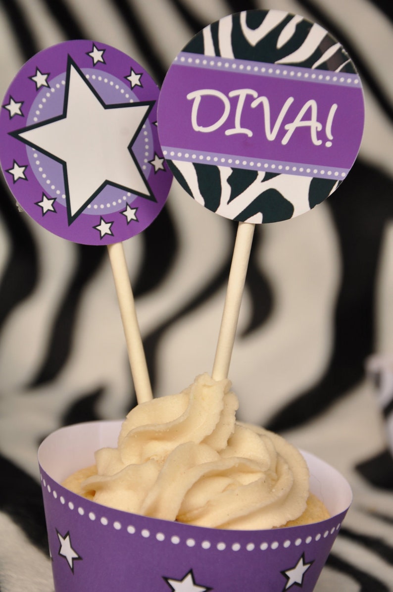 Diva Glam Spa Party Purple Zebra Print Pdf Printable Cupcake Etsy