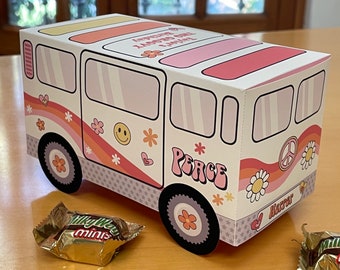 Retro groovy bus printable favor box, Peace and love van party favors birthday decorations, Two groovy editable treat boxes template