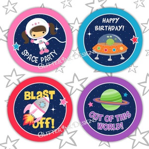 Outer space party cupcake toppers / rocket favor tags / astronaut party treat bag tags / aliens spaceship, astronaut girl, planets