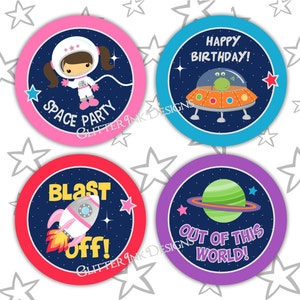 Outer space party cupcake toppers / rocket favor tags / astronaut party treat bag tags / aliens spaceship, astronaut girl, planets image 1