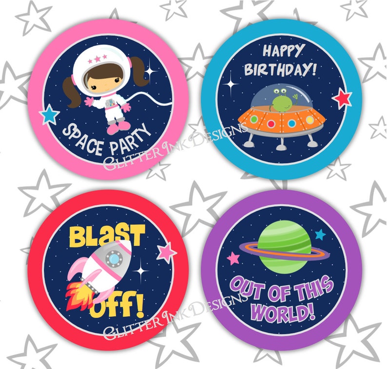 Outer space party cupcake toppers / rocket favor tags / astronaut party treat bag tags / aliens spaceship, astronaut girl, planets image 1