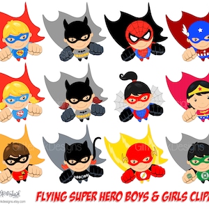 Superhelden Clipart mit digitalen Papieren, fliegende Superhelden Jungen und Mädchen Geburtstagsparty Dekor - PNG, JPG hochauflösende digitale Dateien