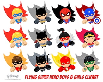 Superhero clipart / Super hero clipart digital papers / Superhero boys and girls / Flying superheroes party decor