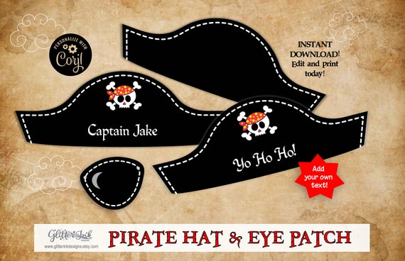 Pirate hat and pirate eye patch printable party props / Pirate birthday  party dress-up photo booth props / PDF party decor - edit and print by  Glitter Ink Designs