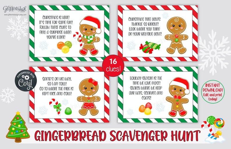 K&ouml;nnte beinhalten: Ein Satz von 16 druckbaren Lebkuchen-Schnitzeljagd-Hinweisen mit Illustrationen von Lebkuchenm&auml;nnern und festlichem Text. Der Text enth&auml;lt S&auml;tze wie "Weihnachten ist da!" und "Der Weihnachtsmann ist unterwegs!"