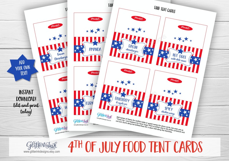 4th of July food tent cards, Fourth of July name cards, 4th of July decorations, Patriotic place cards, stars and stripes Independence Day image 2