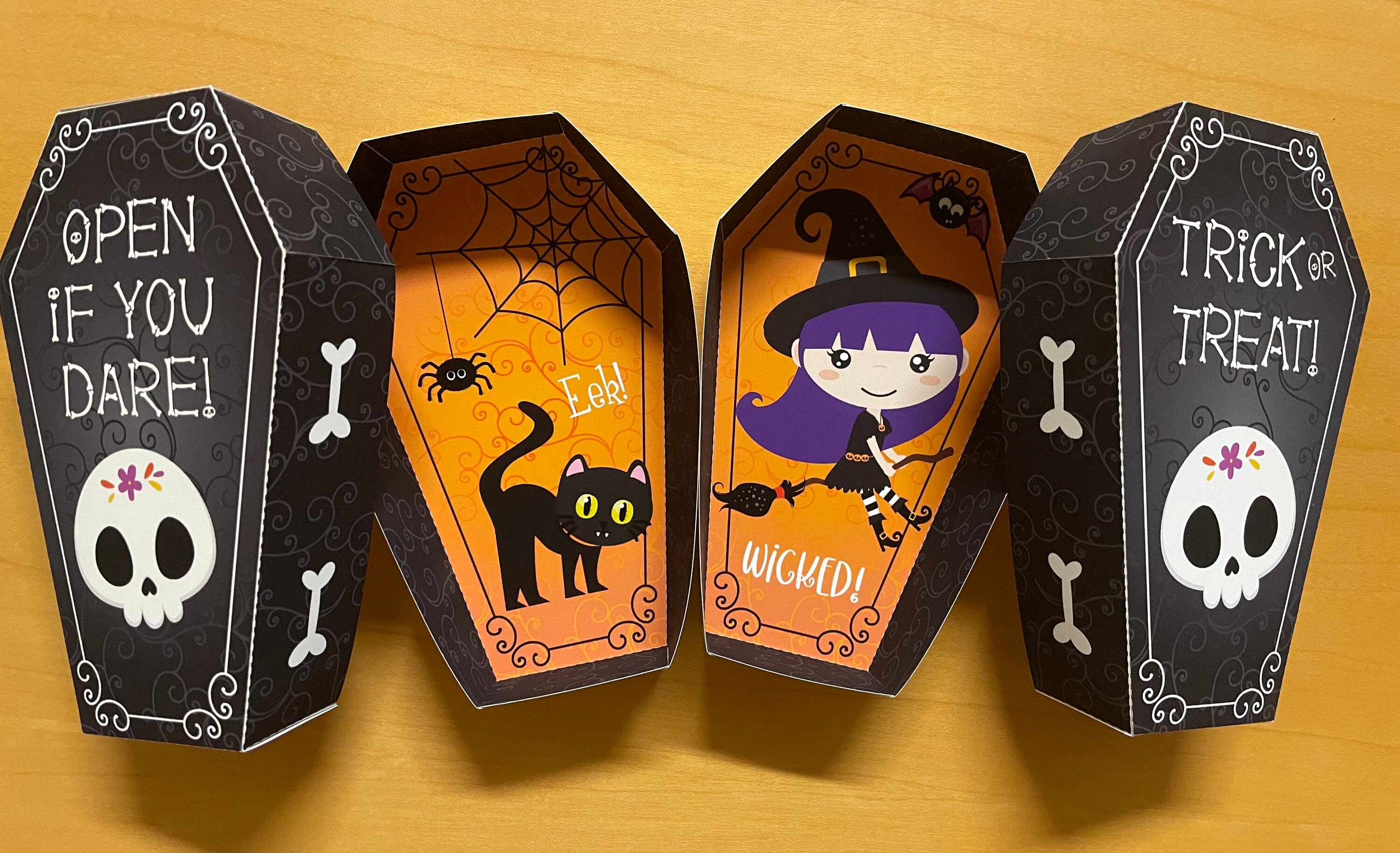 TWO Halloween Printable Coffin Favor Box Templates, Trick or Treat