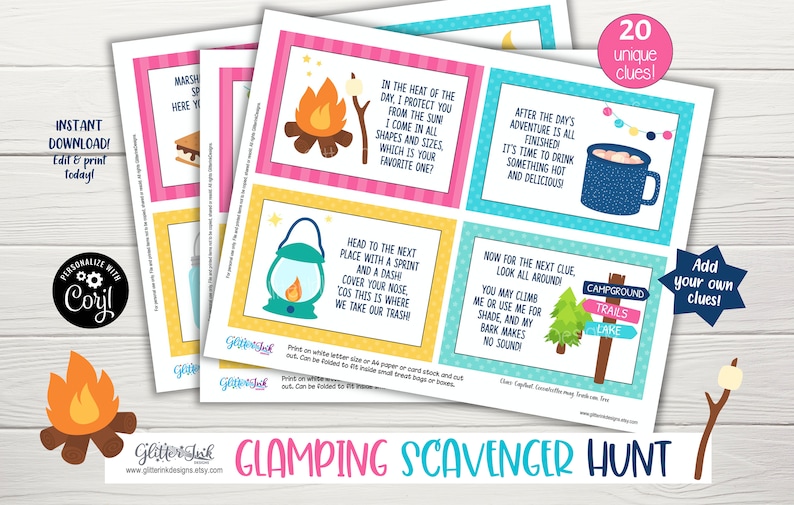 May include: A set of 20 printable cards for a glamping scavenger hunt. The cards are colourful and feature illustrations of camping items like a campfire, a lantern, and a mug of hot chocolate. The text on the cards includes clues for the scavenger hunt.