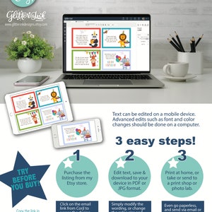 May include: A laptop screen displays a digital design template with four colourful birthday cards featuring animals. The text on the screen reads "Happy Birthday". The image also includes a step-by-step guide on how to edit, download, and print the design using the Corjl online tool.