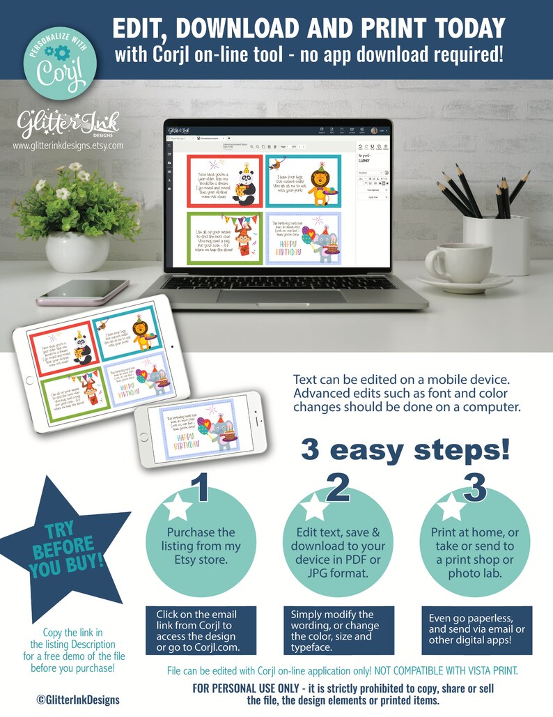 May include: A laptop screen displays a digital design template with four colourful birthday cards featuring animals. The text on the screen reads "Happy Birthday". The image also includes a step-by-step guide on how to edit, download, and print the design using the Corjl online tool.