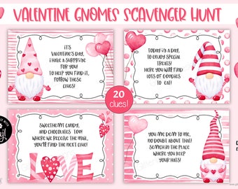 Valentine's Day scavenger hunt clue cards / Valentines Day treasure hunt clues / Valentine gnomes / Valentines games
