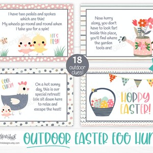 May include: Printable Easter egg hunt clues with colorful illustrations of chicks, a bicycle, a watering can, and a chicken. The text on the cards reads "Let's Fly!" "Cool Chick!" "Hoppy Easter!" and "Now hurry along, you don't have to look far! Inside this place, you'll find where the garden tools are!"