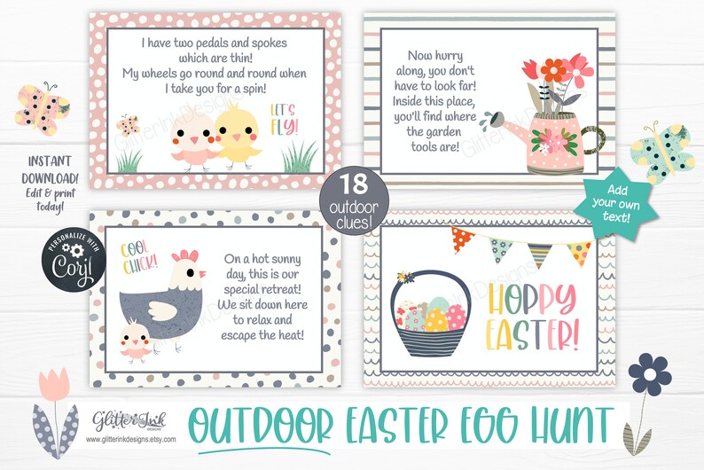 May include: Printable Easter egg hunt clues with colorful illustrations of chicks, a bicycle, a watering can, and a chicken. The text on the cards reads "Let's Fly!" "Cool Chick!" "Hoppy Easter!" and "Now hurry along, you don't have to look far! Inside this place, you'll find where the garden tools are!"