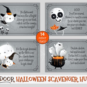 May include: A set of 14 printable Halloween scavenger hunt cards featuring cute illustrations of a cat, ghost, and skeleton. The cards are designed for an indoor scavenger hunt and include instructions to "Add your own text!"