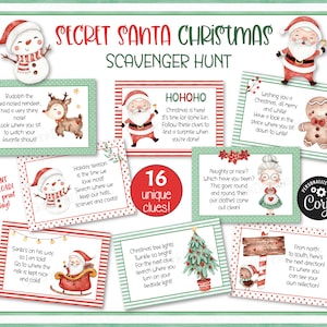 Cartões de pistas de caça ao tesouro de Natal / Pistas de caça ao tesouro para crianças de Natal / Jogos secretos de festa da família do Papai Noel