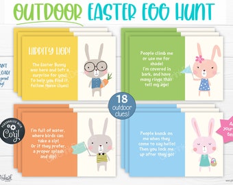 Outdoor Easter scavenger hunt for kids / Easter egg hunt clues / Printable Easter treasure hunt clue cards / Easter bunny hunt party games