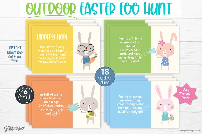 May include: A set of 18 printable Easter egg hunt clues featuring cute bunny illustrations. The clues are designed for an outdoor egg hunt and include phrases like "I'm full of water, where birds can take a sip!" and "People climb me or use me for shade!"
