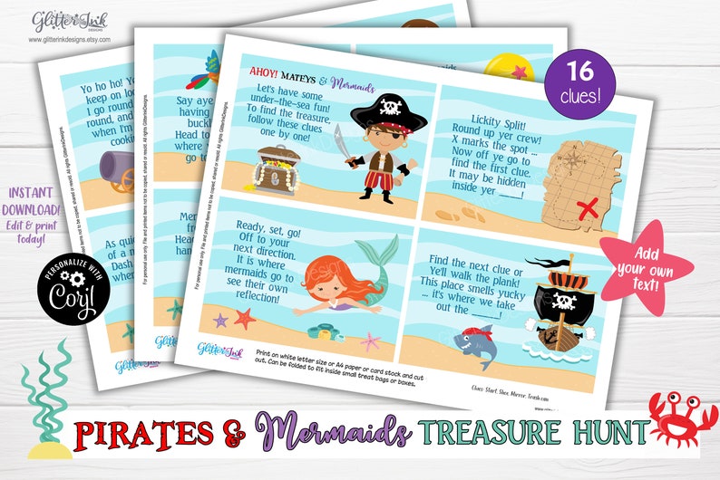 Mermaid and pirate treasure hunt / Mermaid party scavenger hunt clue cards / Pirate party treasure chest hunt clues / Party games for kids image 9