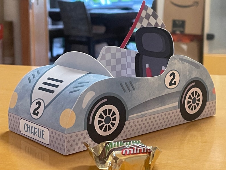 Race car birthday printable favor box / Papercraft racing car candy treat box / Two fast party favors / Racing party paper toy centerpiece image 2