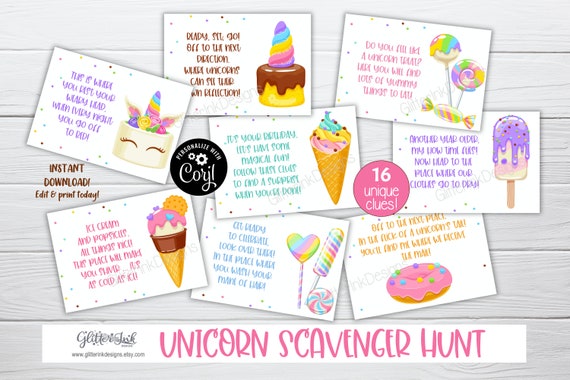 Unicorn Scavenger Hunt Clue Cards Unicorn Sweets Treasure Hunt Clues Rainbow Unicorn Treats Party Games By Glitter Ink Designs Catch My Party
