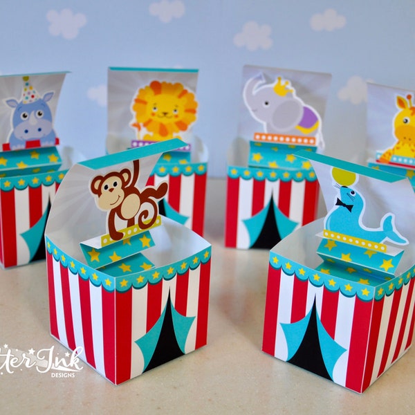 Circus animal pop up Jack in the Box favor box / Safari zoo animal printable party decorations / Surprise paper toy party favors