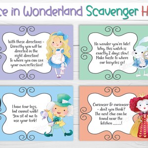 May include: Four printable cards featuring characters from Alice in Wonderland. The cards are purple, green, blue, and orange. The text on the cards includes quotes from the book, such as "Curiouser & curiouser - don't you think?" and "I have four legs, but cannot walk!"