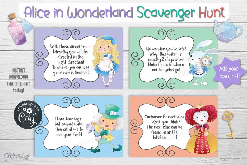 May include: Four printable cards featuring characters from Alice in Wonderland. The cards are purple, green, blue, and orange. The text on the cards includes quotes from the book, such as "Curiouser & curiouser - don't you think?" and "I have four legs, but cannot walk!"