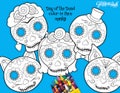 Day of the Dead sugar skull mask coloring pages, Printable Día de los Muertos photo booth props template with cat, dog, Frida & novios masks