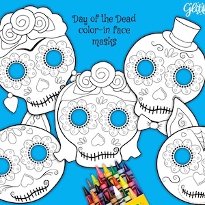 Pages à colorier de masque de crâne en sucre du jour des morts, modèle imprimable d'accessoires de photomaton Día de los Muertos avec des masques de chat, de chien, de Frida et de novios