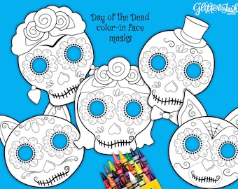 Day of the Dead sugar skull mask coloring pages, Printable Día de los Muertos photo booth props template with cat, dog, Frida & novios masks
