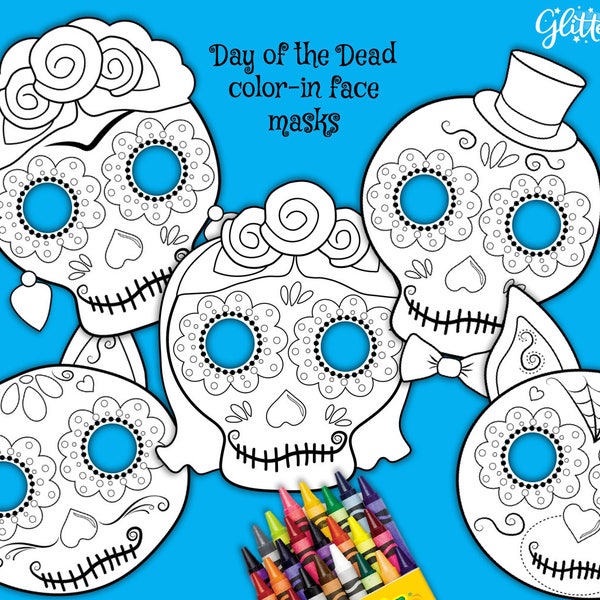 Day of the Dead sugar skull mask coloring pages / Dia de los Muertos photo booth props / Calavera halloween face mask Calacas cat skull mask